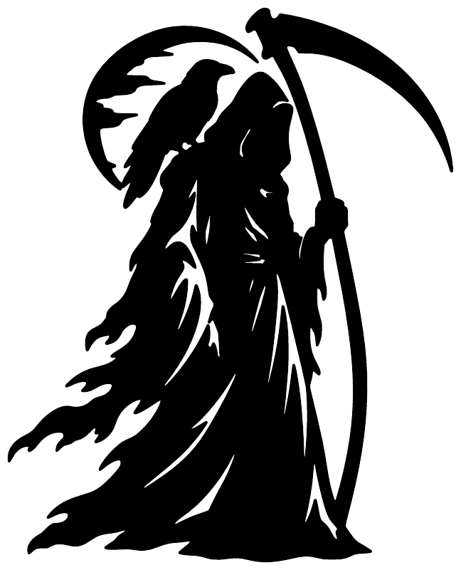 Close-up of black reaper vinyl decal silhouette with scythe and flowing cloak