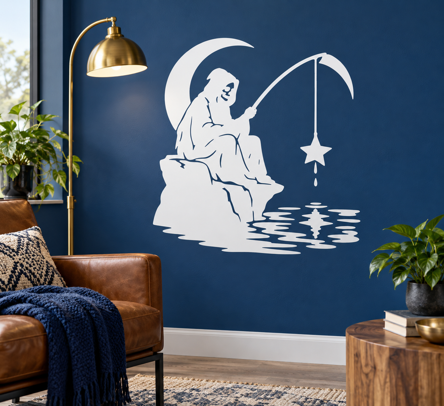 White fishing-themed vinyl wall decal with angler casting a line and hanging star