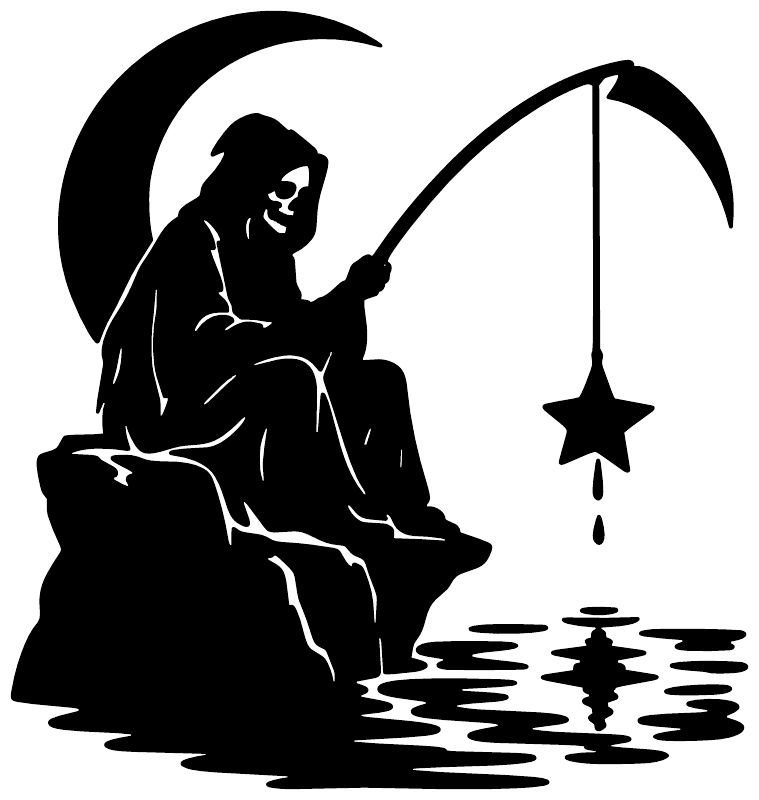 Black fishing-themed vinyl wall decal silhouette with fishing rod and hanging star