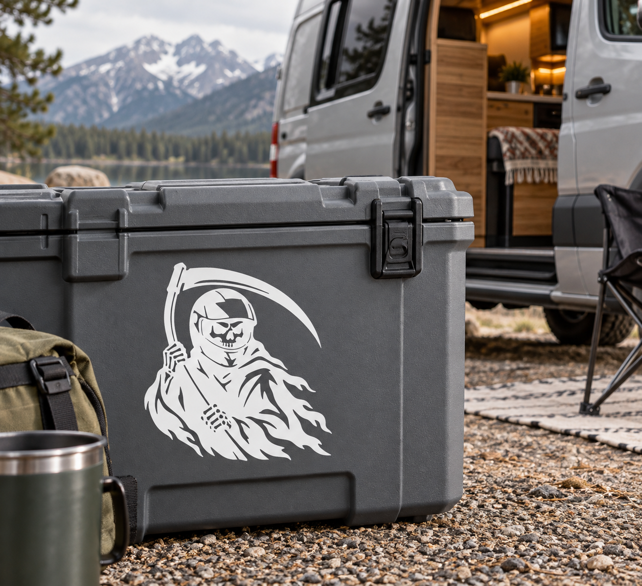 Motorcycle helmet vinyl decal: white hooded reaper skull with scythe on gray case