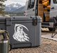 Motorcycle helmet vinyl decal: white hooded reaper skull with scythe on gray case