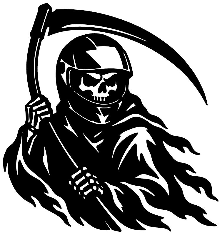 Reaper vinyl decal graphic: black hooded skull with flames and curved scythe, white outline
