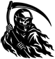 Reaper vinyl decal graphic: black hooded skull with flames and curved scythe, white outline