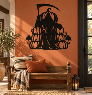 Black reaper vinyl wall decal with scythe and ornate base details