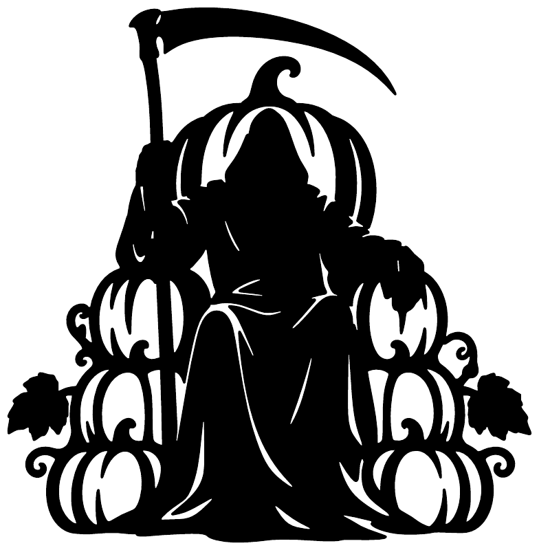 Black reaper vinyl decal silhouette with curved scythe and ornate curled base