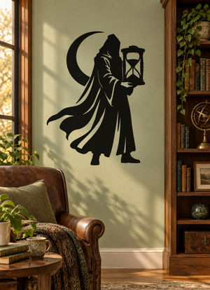 Hourglass keeper vinyl decal: black hooded reaper with lantern held beside moon