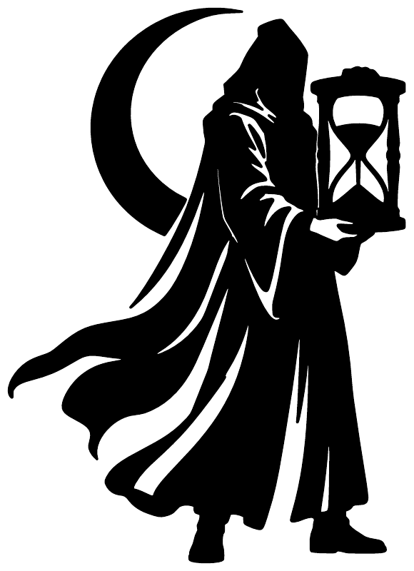 Black hourglass keeper vinyl decal silhouette of hooded reaper with lantern and moon