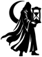 Black hourglass keeper vinyl decal silhouette of hooded reaper with lantern and moon