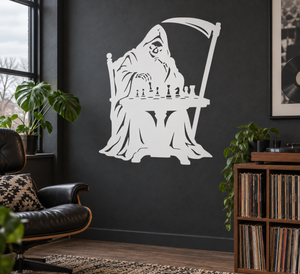 White hooded chess player vinyl decal with chessboard and standing chess pieces