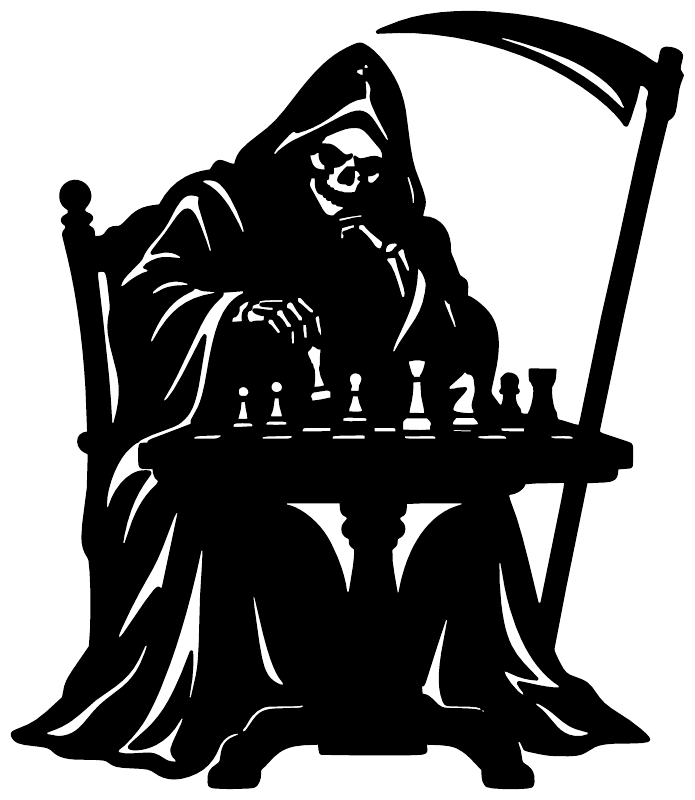 Black hooded chess player vinyl decal with chessboard and standing chess pieces