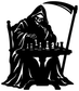 Black hooded chess player vinyl decal with chessboard and standing chess pieces