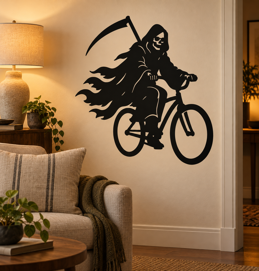 Vinyl decal of a black reaper riding a bicycle with a scythe