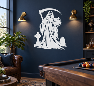 White grim reaper vinyl wall decal holding a bouquet, with arched scythe