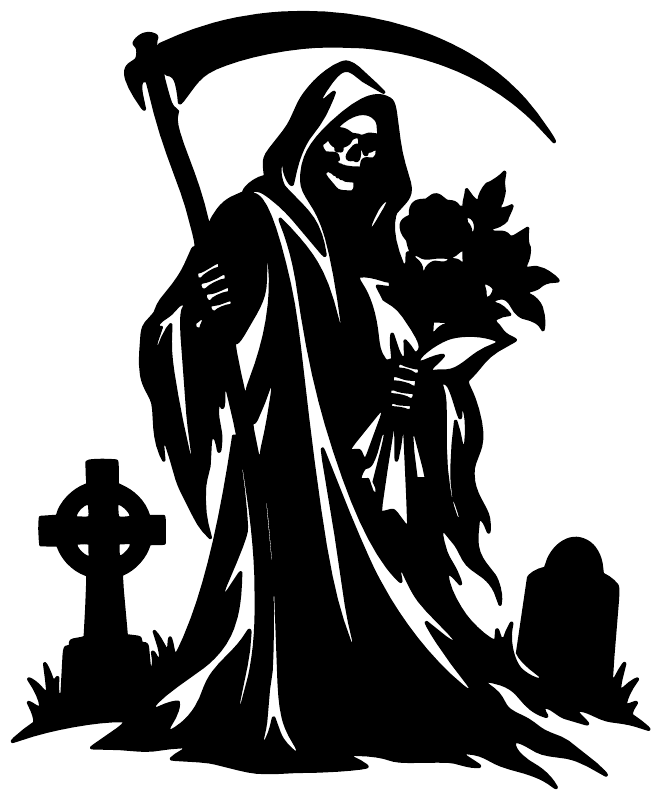 Black grim reaper vinyl decal holding bouquet, with scythe and tombstone cross