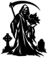 Black grim reaper vinyl decal holding bouquet, with scythe and tombstone cross