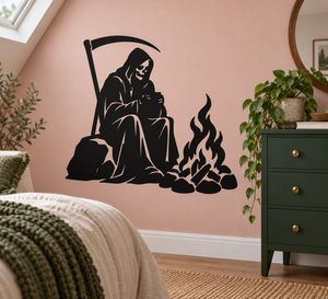 Reaper campfire vinyl decal, black grim reaper holding scythe beside flames