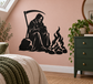 Reaper campfire vinyl decal, black grim reaper holding scythe beside flames