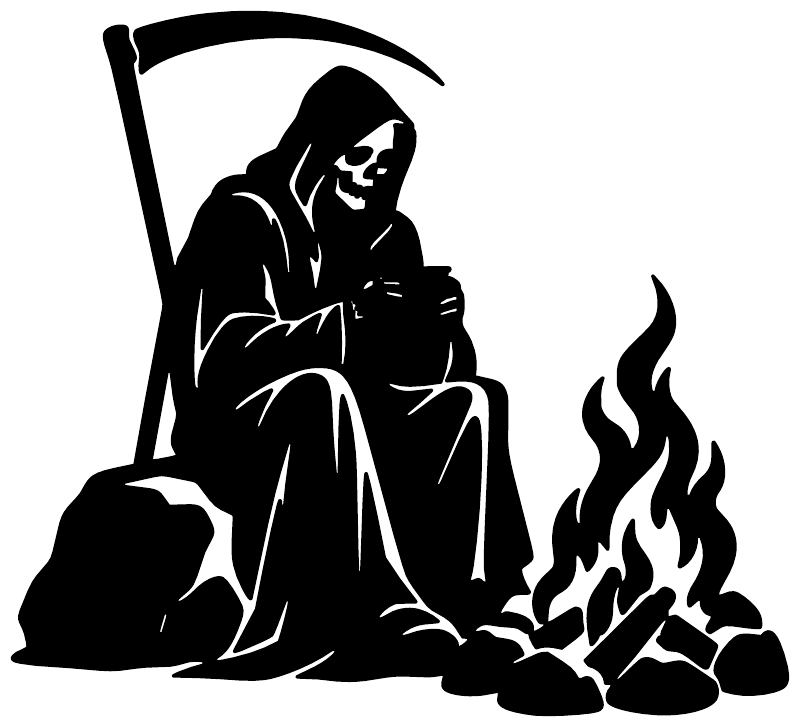 Reaper campfire vinyl decal close-up, black silhouette with scythe and burning firepit