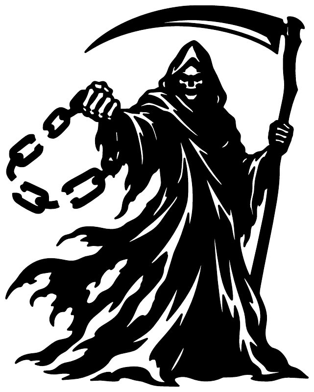 Black hooded reaper vinyl decal silhouette holding chains and scythe