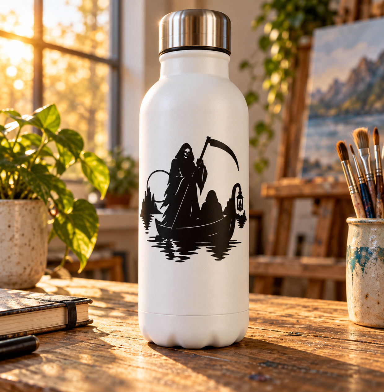 Black reaper silhouette vinyl decal on a white water bottle
