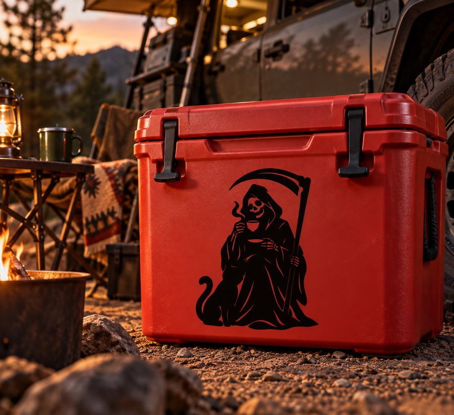 Red cooler with black grim reaper vinyl decal holding a scythe