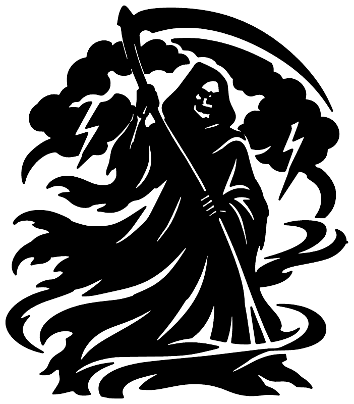 Black reaper scythe emblem vinyl decal with bold silhouette