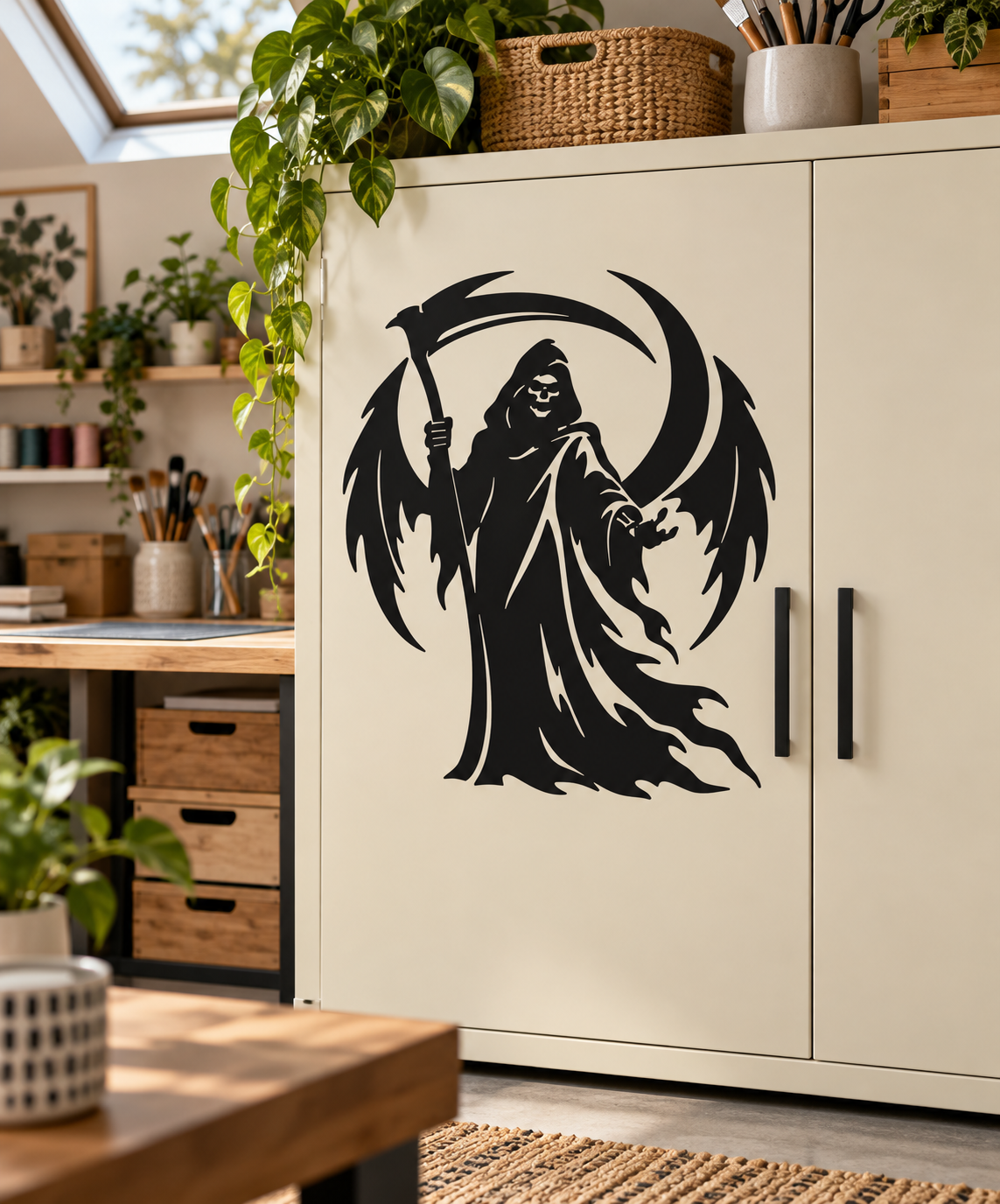 Black reaper vinyl decal with scythe and crescent-wing silhouette on cabinet door