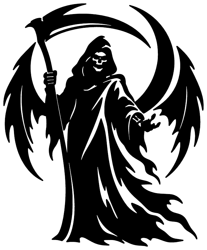 Black crescent-wing reaper vinyl decal with raised scythe, bold silhouette
