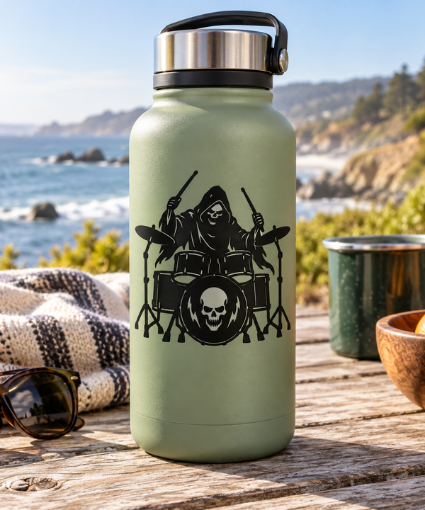 Heavy metal drummer vinyl decal on green bottle, black reaper drummer with skull
