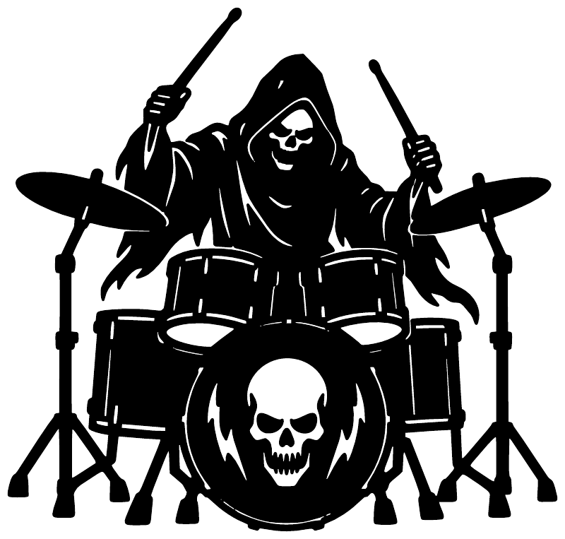 Heavy metal drummer vinyl decal, black reaper drummer holding sticks and skull in bass drum