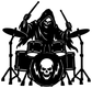 Heavy metal drummer vinyl decal, black reaper drummer holding sticks and skull in bass drum
