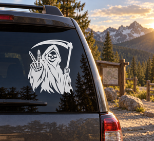 Reaper vinyl decal with peace-sign hand and skull hooded figure, black-and-white