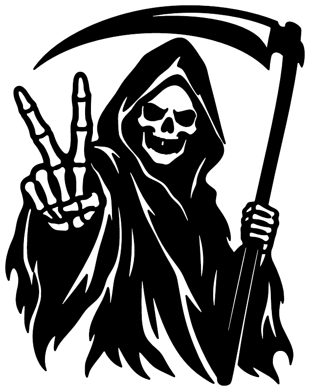 Vinyl decal close-up of hooded skull making peace sign with scythe, black-and-white