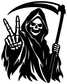 Vinyl decal close-up of hooded skull making peace sign with scythe, black-and-white