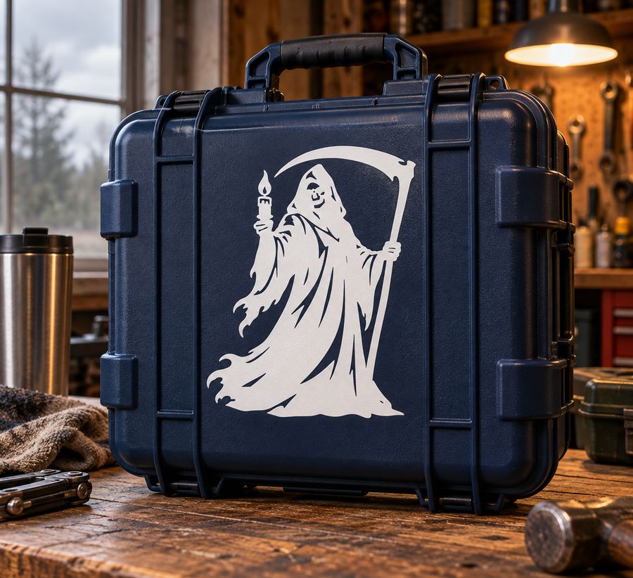 Reaper vinyl decal of hooded figure holding a candle on a dark blue case