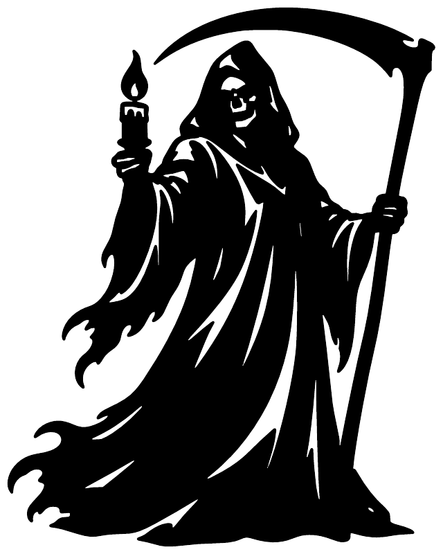 Black-and-white reaper vinyl decal: hooded figure holding a candle and scythe