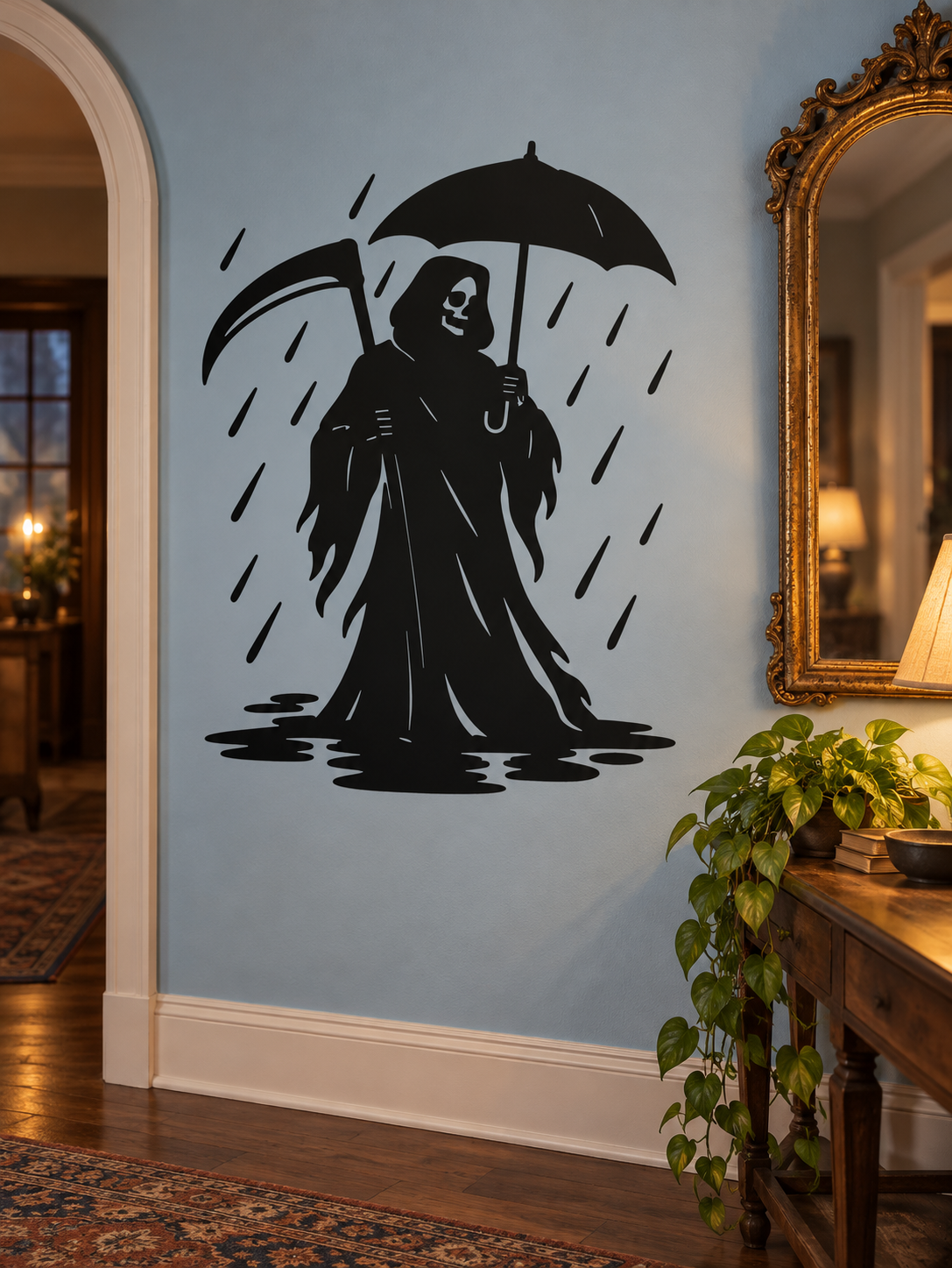 Umbrella rain vinyl decal featuring a reaper under an umbrella with rain streaks