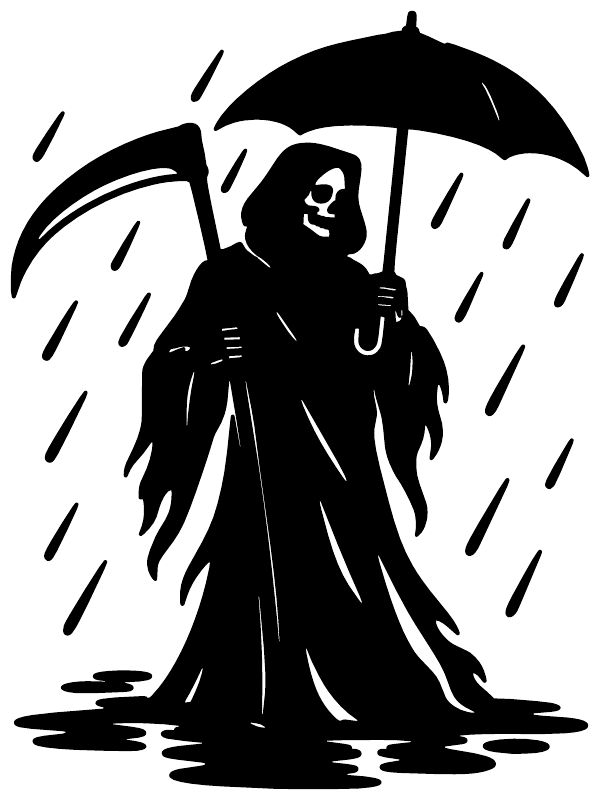 Reaper under umbrella vinyl decal with stylized rain drops and bold black silhouette