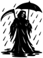 Reaper under umbrella vinyl decal with stylized rain drops and bold black silhouette
