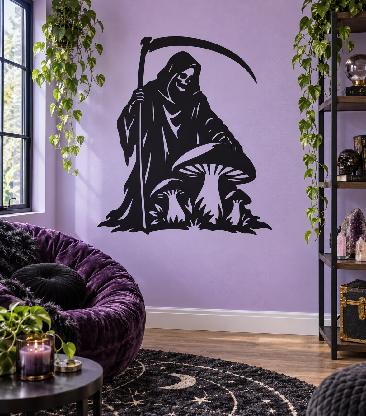 Black vinyl wall decal of hooded reaper with scythe and skull