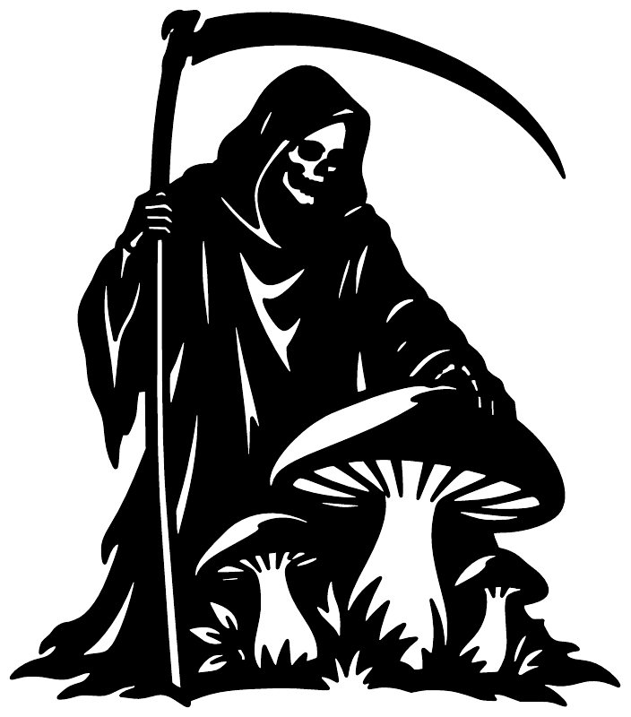 Black vinyl wall decal, hooded reaper skull under arched scythe