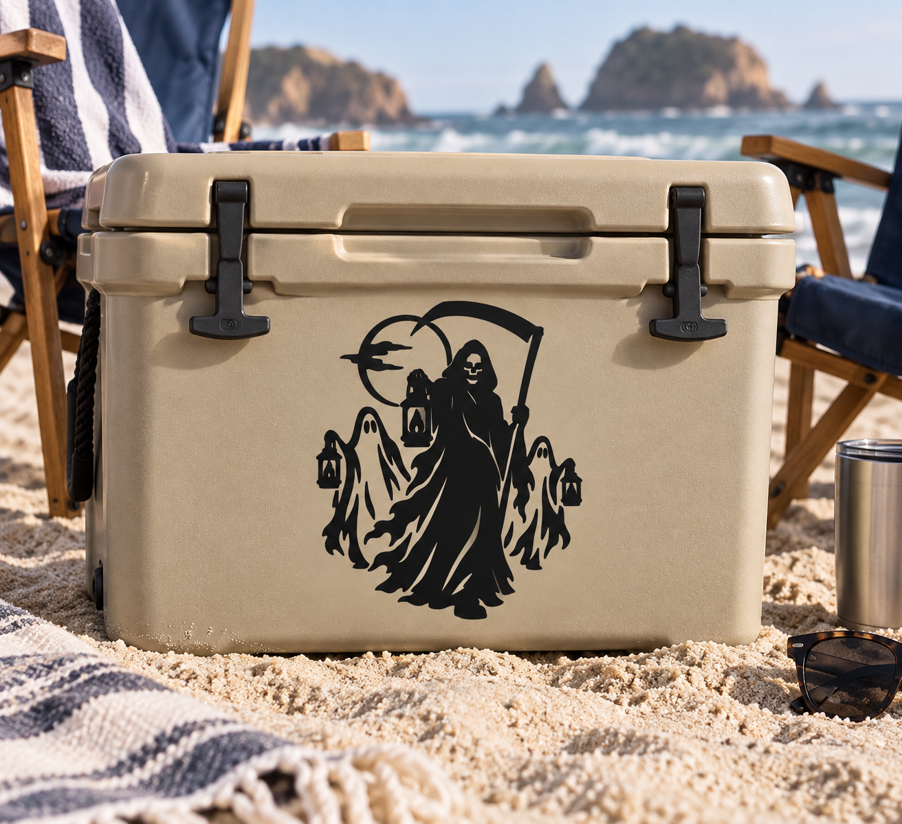 Black reaper-themed vinyl decal on beige cooler lid