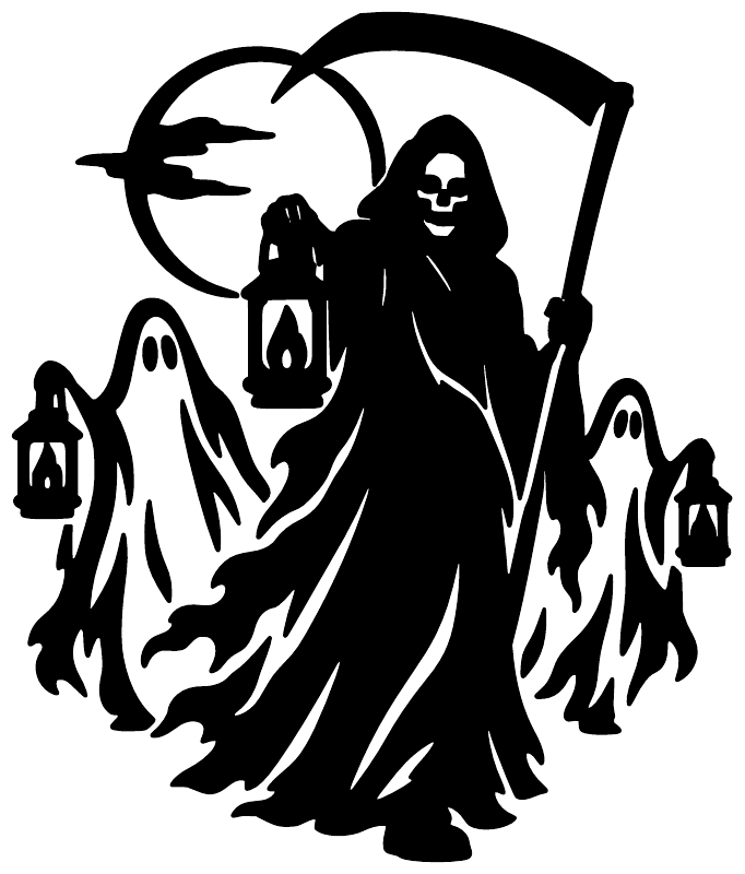 Black vinyl decal featuring hooded reaper with lantern, moon and ghost flames