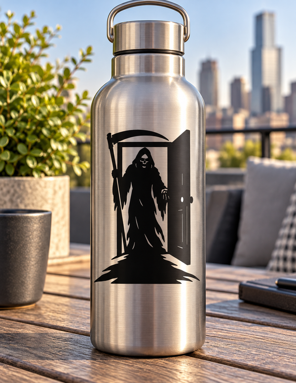 Doorway Shadow Reaper vinyl decal, black grim reaper silhouette in doorway on bottle