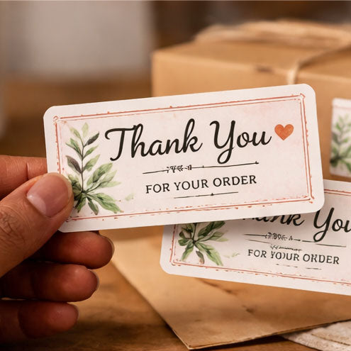 Rectangle stickers with 'Thank You' and 'for your order', leaf design, pink border