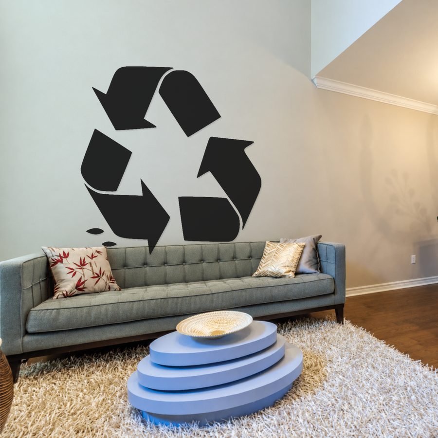 Black recycling symbol vinyl decal shown on wall, mirrored recycle badge style