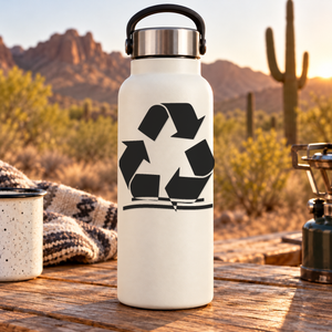 White reusable bottle with black recycling loop and arrows on front