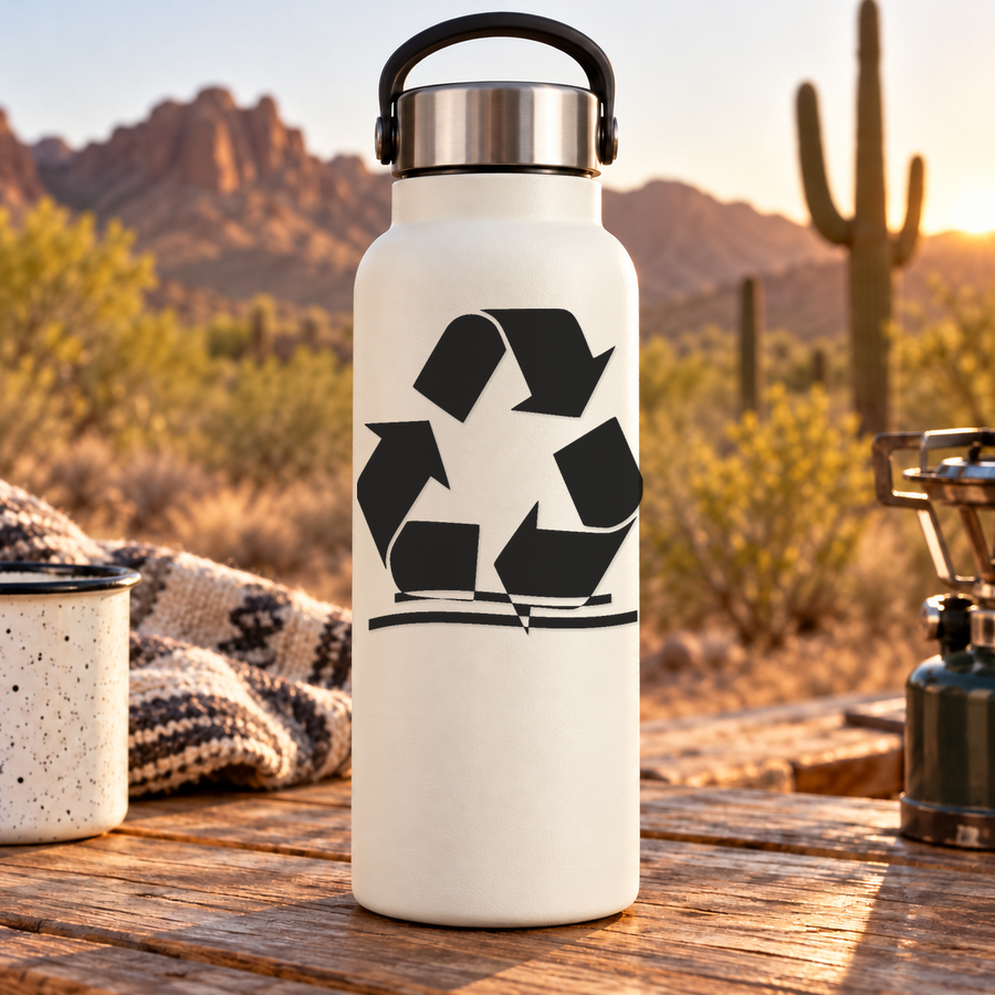 White reusable bottle with black recycling loop and arrows on front