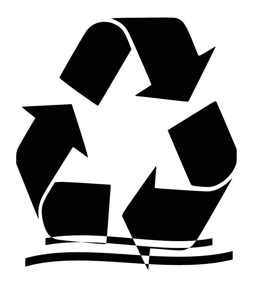 Black recycling loop with three arrows and swoosh graphic, printed on white bottle