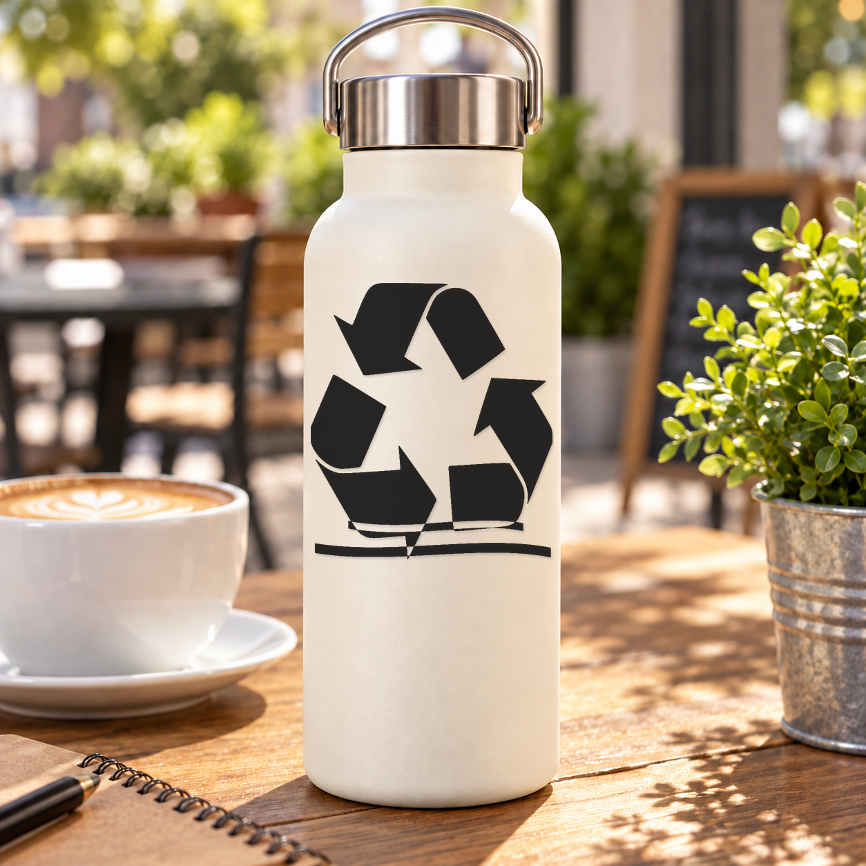 White insulated water bottle with black mirrored recycling arrows logo on front